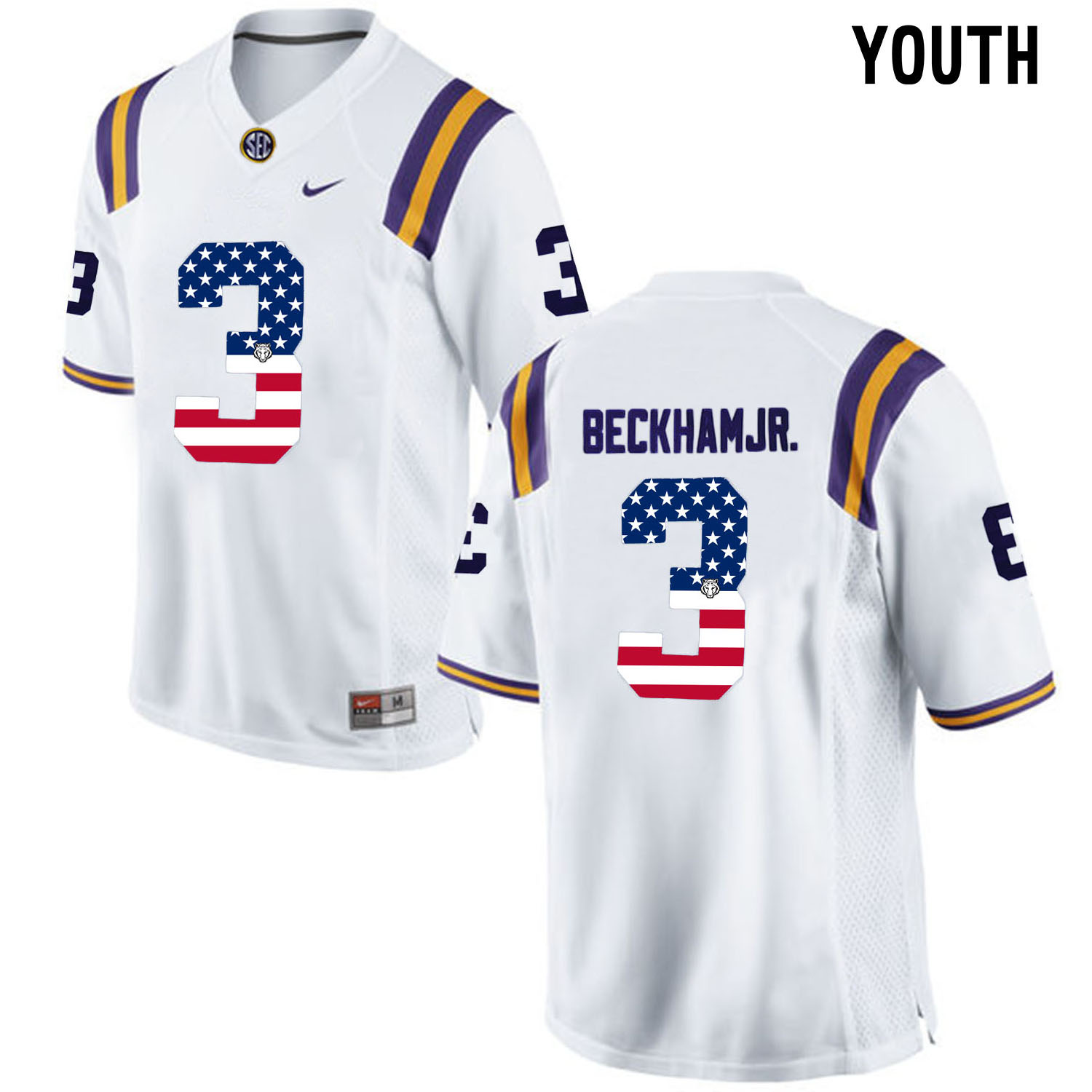 US Flag Fashion  Youth LSU Tigers Odell Beckham Jr. #3 College Football Limited Jersey  White->ncaa teams->NCAA Jersey